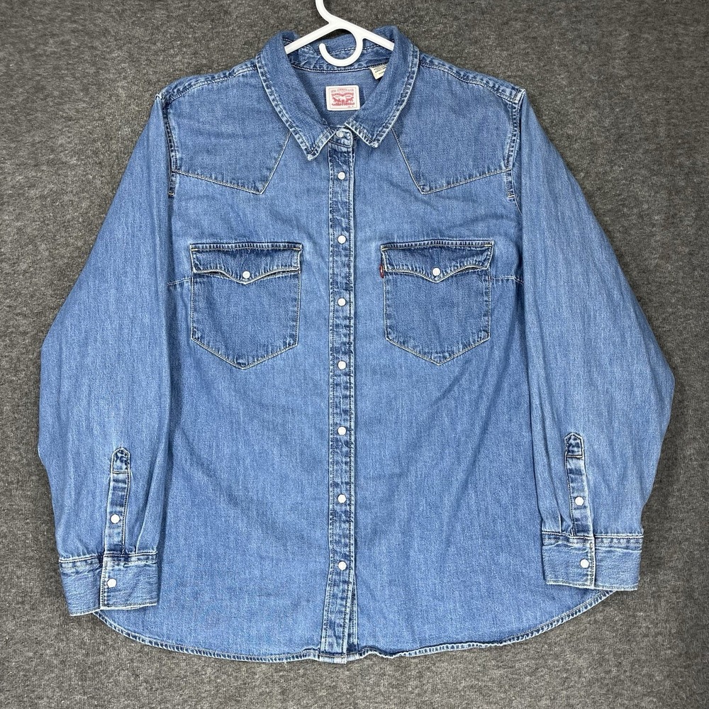 Levis Denim Pearl Snap Shirt Womens 3X Blue Western Rodeo Cowgirl #3